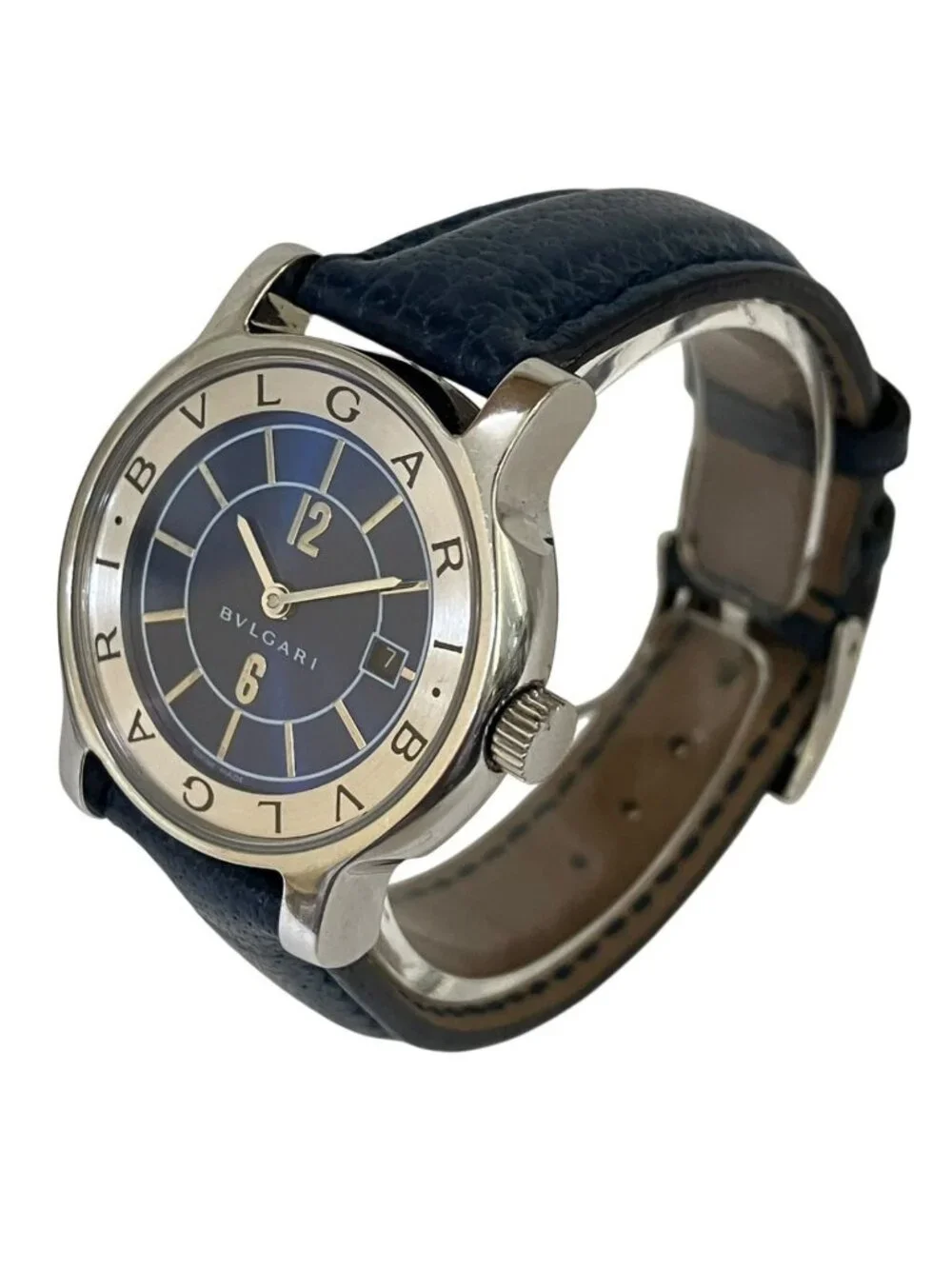Bvlgari Solo Tempo Watch SS Leather Quartz Blue Dial